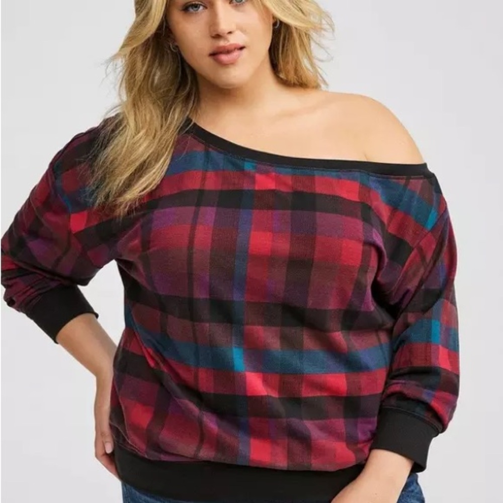 NWT Torrid Red Plaid Off-Shoulder French Terry Top – Size 1